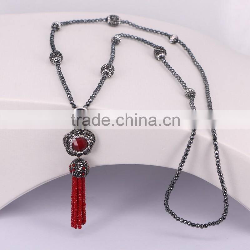 Charm Flower Red Gem Stone with Crystal Glass Tassel Pendant Necklace, Crystal Rhinestone Beads Hematite Beaded Necklace