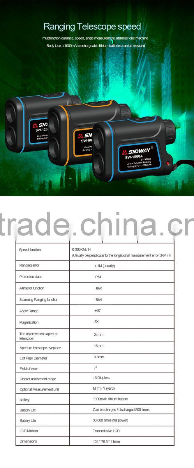 SW-1500A High Accuracy 1500m Distance Angle Speed Altitude Four Modes Laser Rangefinder Telescope