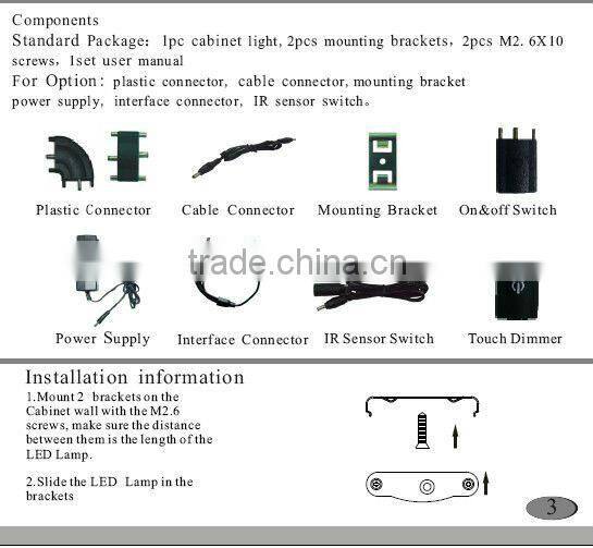 Factory sale led retail cabinet light with ir sensor and plastic connector led cabinet light 11W 5W 3W