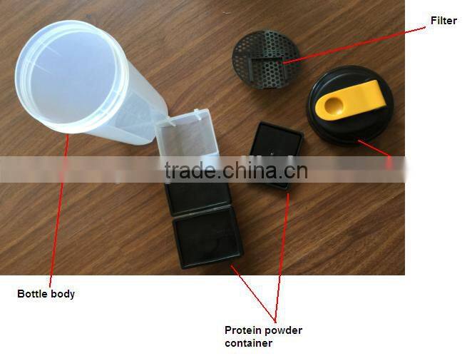 1000ml/34oz plastic protein shaker bottle with netting and compartment