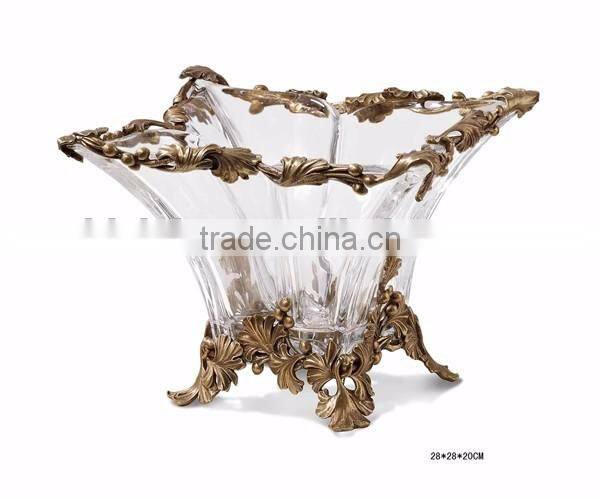 Ornate Crackle Crystal Footed Bronze Mounted Planter, Hand Engraved Crystal Vase With Bronze Casting Dragonfly Base