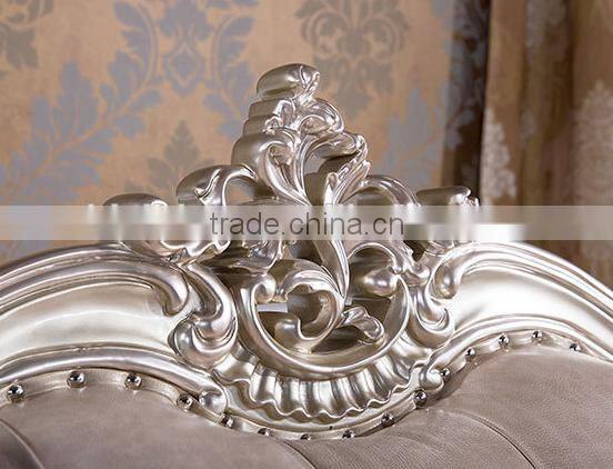 Classic European style living room solid wood magnolia flower hand carving genuine leather sofa set