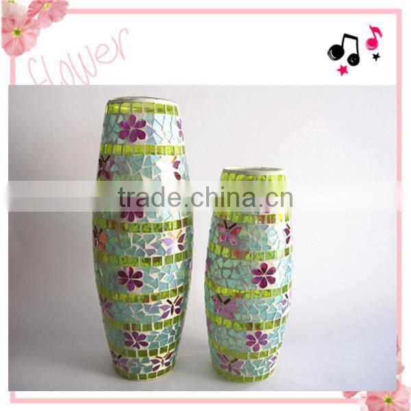 Drum Shape Flower Butterfly Decor Hand Blown Mosaic Glass Colored Cheap Classic Flower Vases