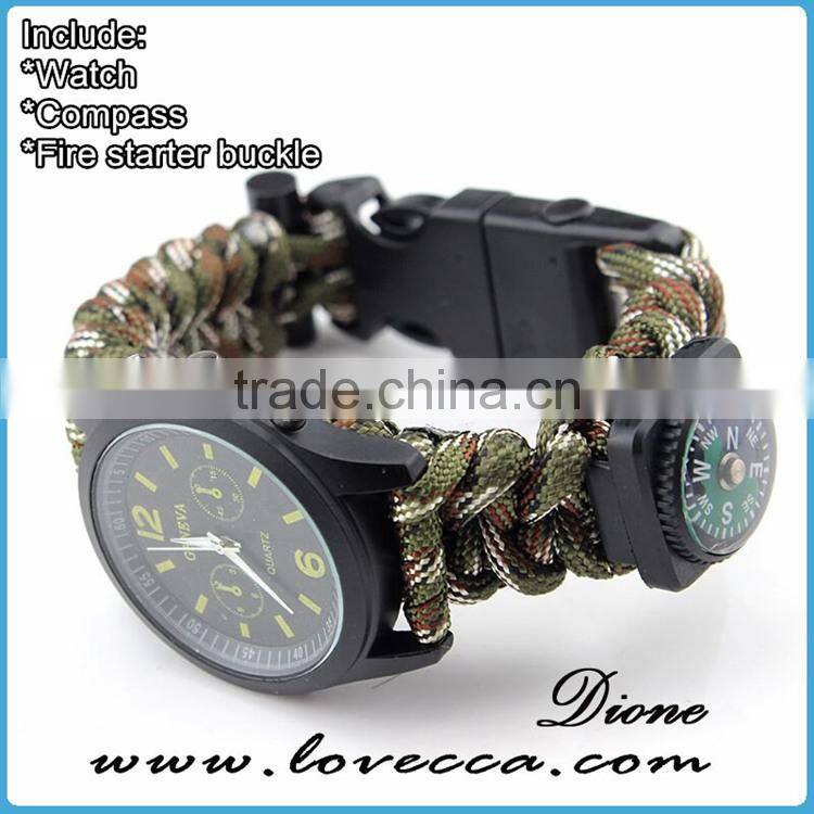 550 paracord survival bracelet with compass/thermometer /firestarter buckle/whistle/Blade