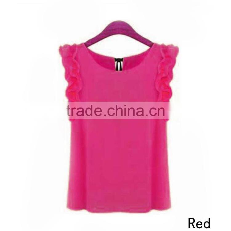 Plus Size Ladies Blouses 2015 New Summer Women Blouse O-Neck Lotus Leaf Casual Shirt Women Clothing Lacing Bow Chiffon Blouse