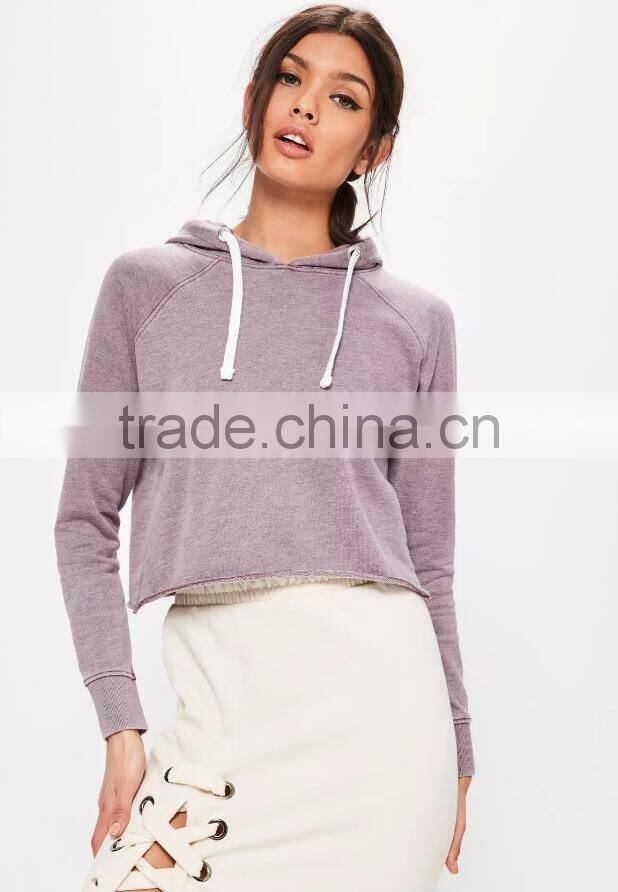 Purple Washed Hoodie Raw Hem Custom 100% Cotton French Terry Raglan Sleeve Women Cropped Hoodies