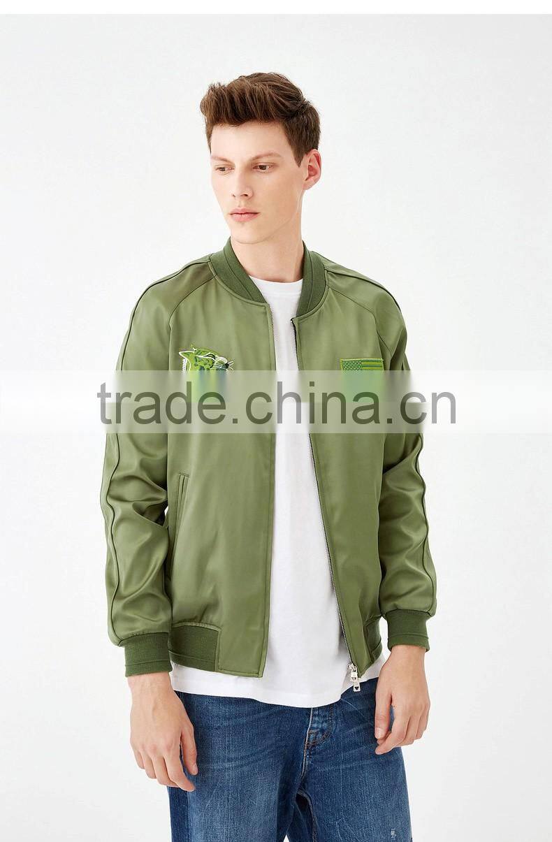 2017 Oem Fashion Custom Embroidery Logo Long Sleeve Army Green Men 100% Polyester Bomber Jacket