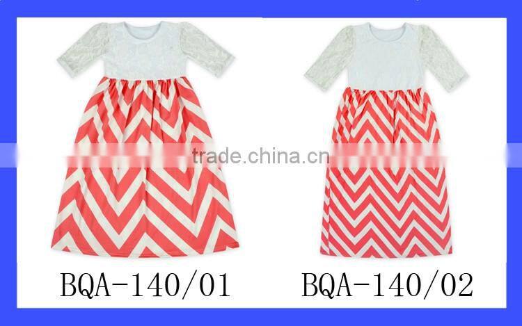 48BQA140 Long Frock Designs New Fashion Lace Sleeve Stripe Baby Girls dress