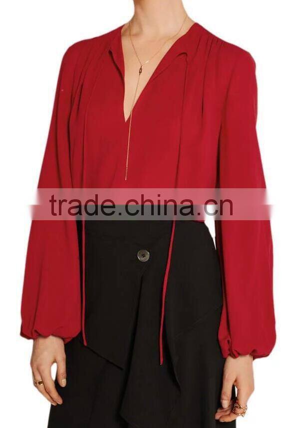 Runwaylover EY2343B Deep V-Neck Ladies Fashion Pure Color Chiffon Blouse