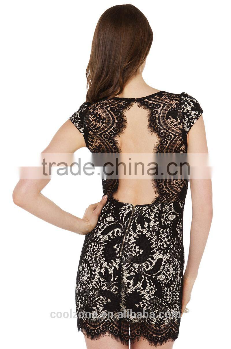 Sexy v neck cap sleeve lace dress wholesale halter lady lace evening dress 2016