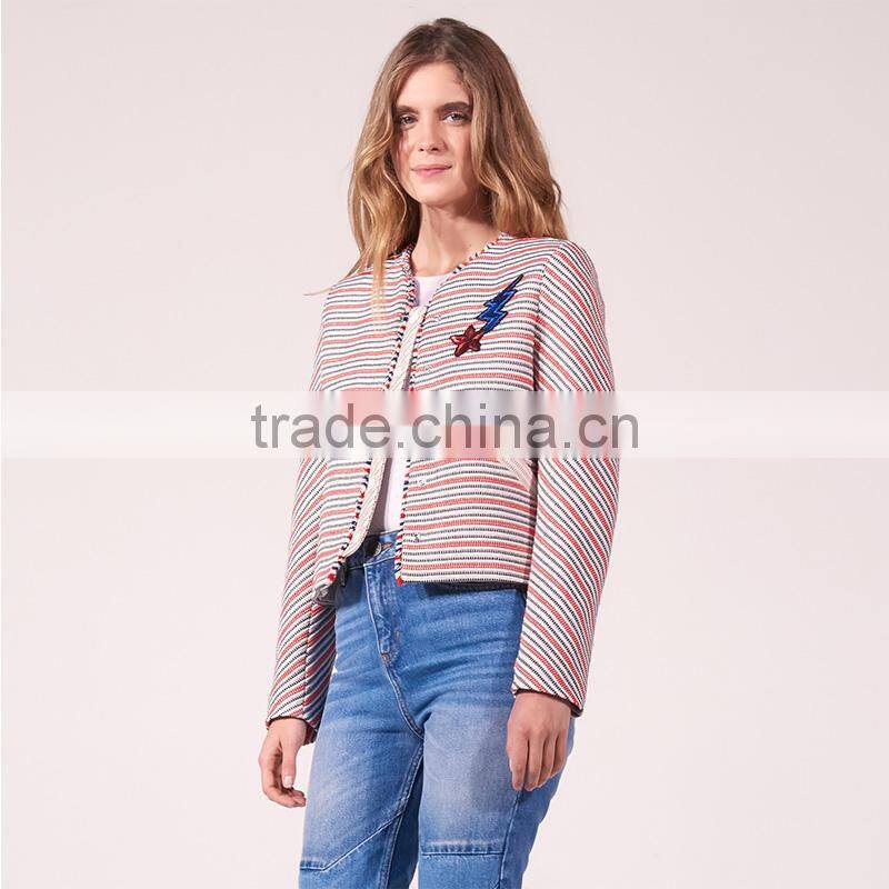 Ladies cotton leisure style striped collarless sequinned patches spring jackets