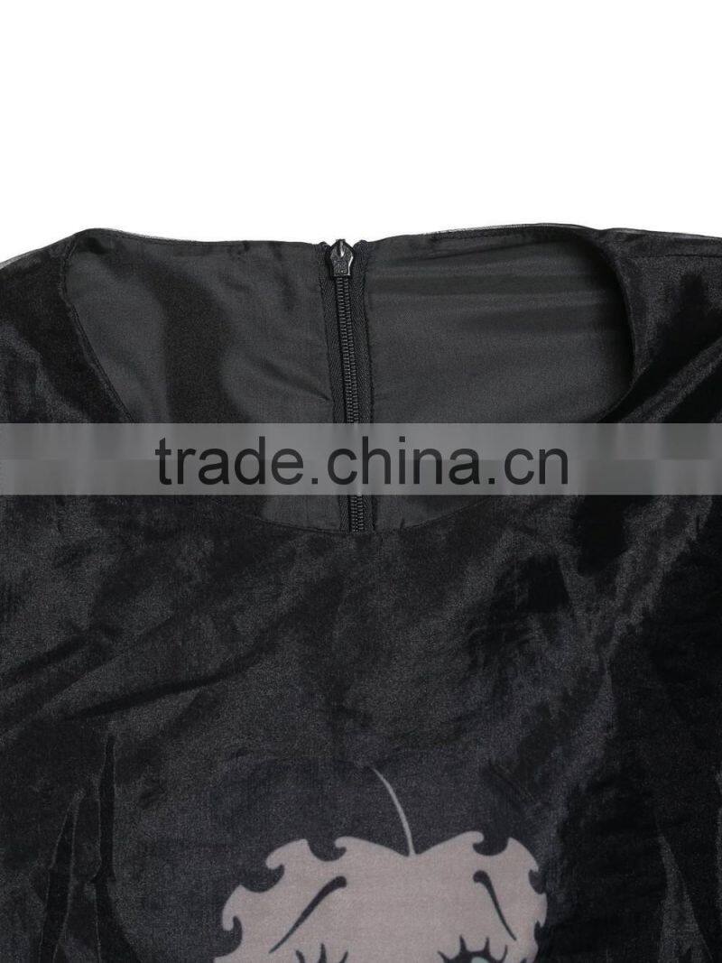 Black Organza cartoon printing polyester loose sleeveless A-line dress