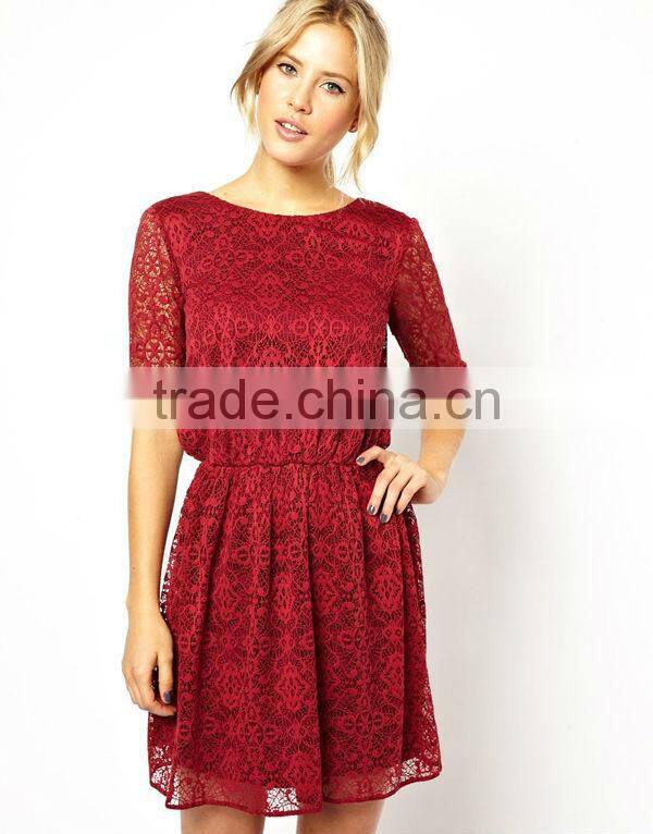 Red Skater Dress In Lace With Wrap Back