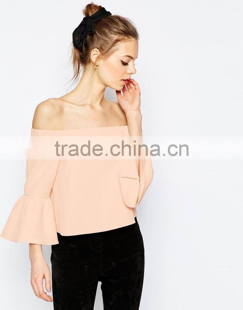 2016 Guangzhou Shandao Summer New Elegant Design Casual 3/4 Flare Sleeve Off Shoulder Pink Chiffon Girls Party Wear Tops
