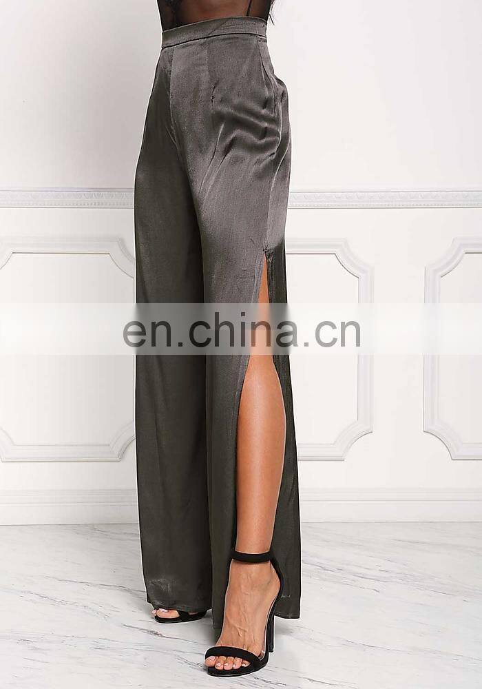 China Product Hot Sale Dark Olive Silky Side Slit Slacks women Long Maxi Pants