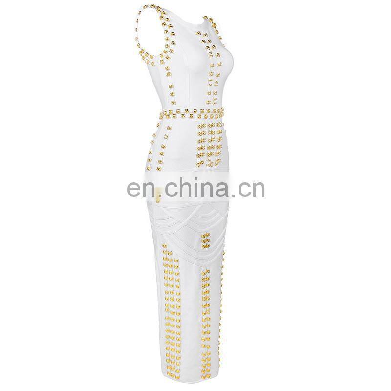 Amigo 2017 new design white sleeveless high slit heavy beaded sexy bandage dress maxi expensive evening dresses for women party