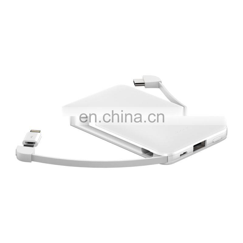 New special dual-port Mini 5000mAh portable power bank with built-in charging cable