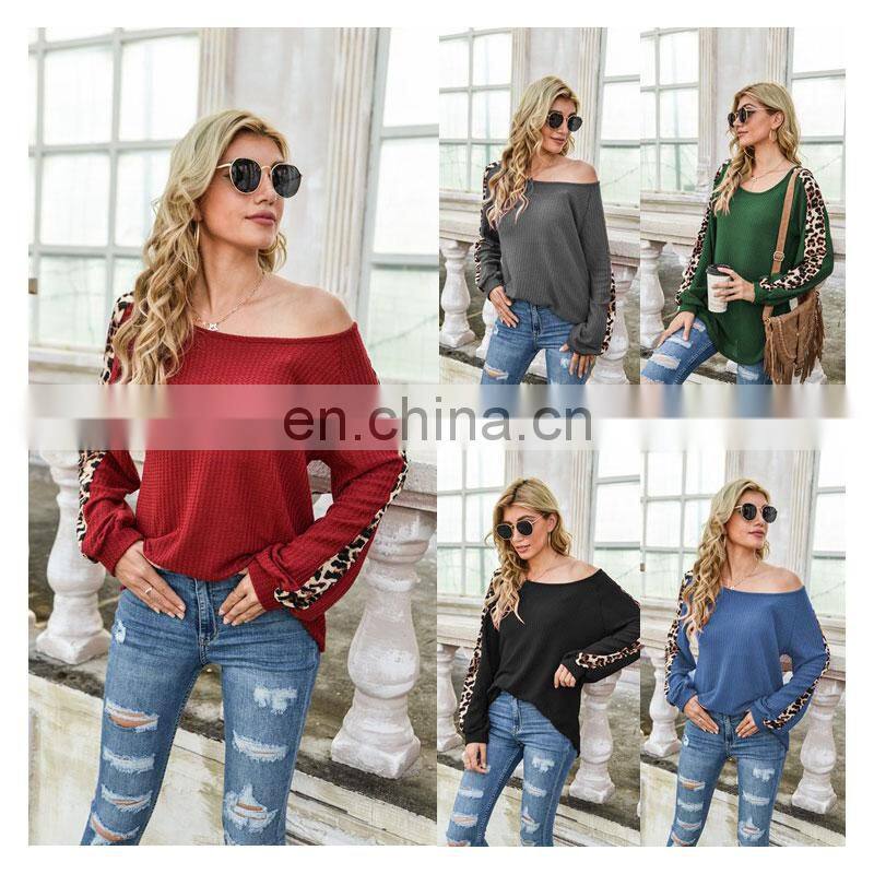 Custom logo spring and autumn women's Amazon autumn and winter new long-sleeved waffle leopard print stitching T-shirt