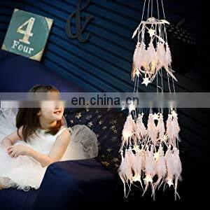 Boho Party Nursery Decor Ceiling Double Circle White Featherwith LED Fairy Lights Wall Hanging Ornaments Dream Catcher
