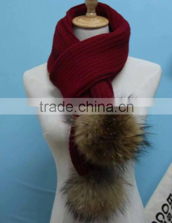 2016 Winter Newest Fashion 100% Real Raccon Fur Pompom Wool Knitted Women Crochet Scarf
