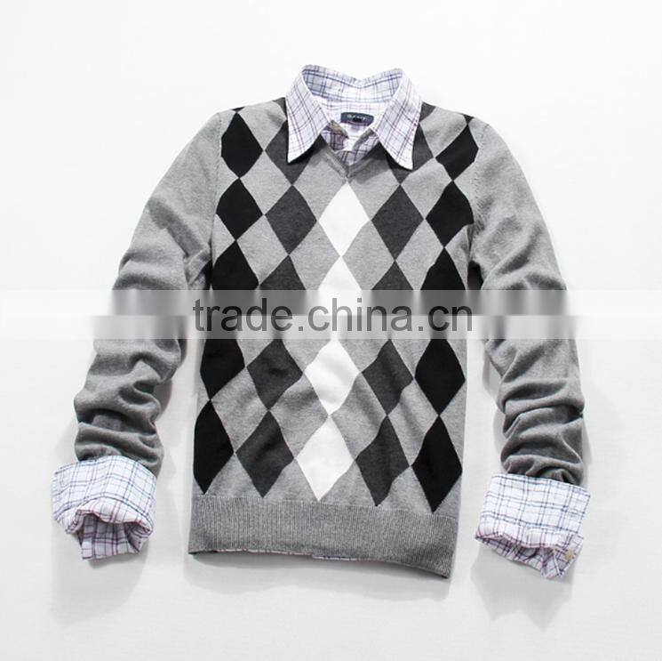 Argyle knitting wear men simple long sleeve V-neck sweater pullover
