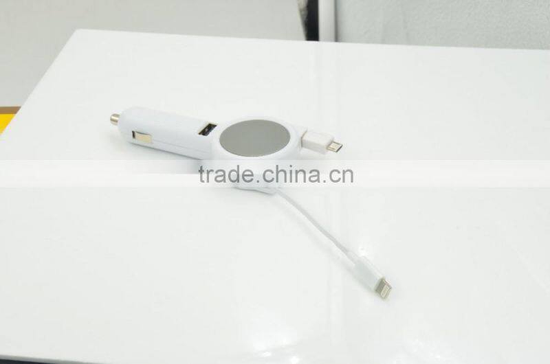 New design protable 3.1A car battery charger with double retractable built-in cable for iphone/samsung/Type-C/htc/blackberry