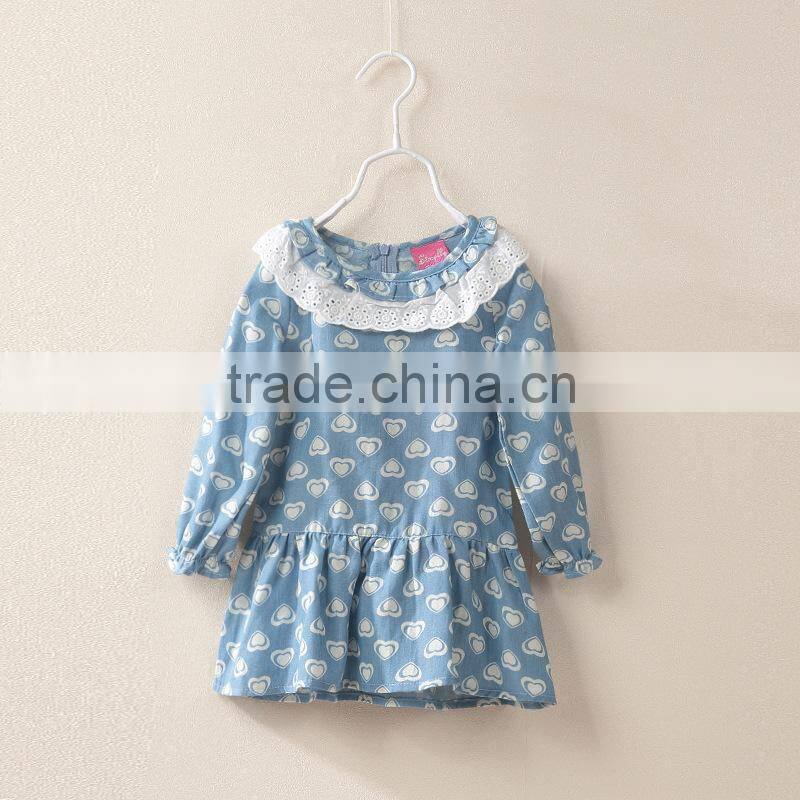High Quality long sleeve spring dress girls printed denim dresses with lace