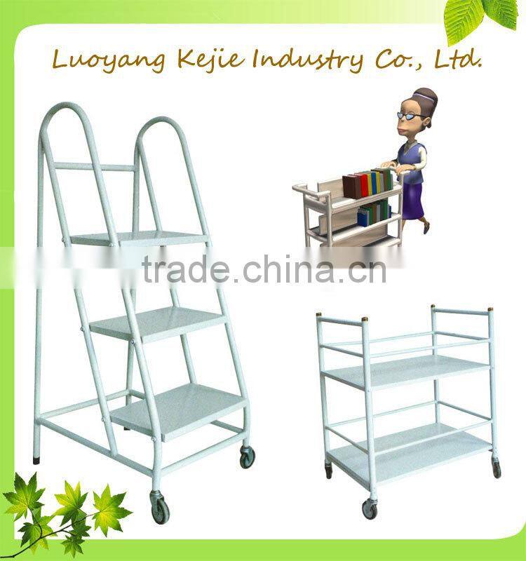 durable steel flat book cart/library trolley bookshelf/book rack shelving/steel rolling library book carts