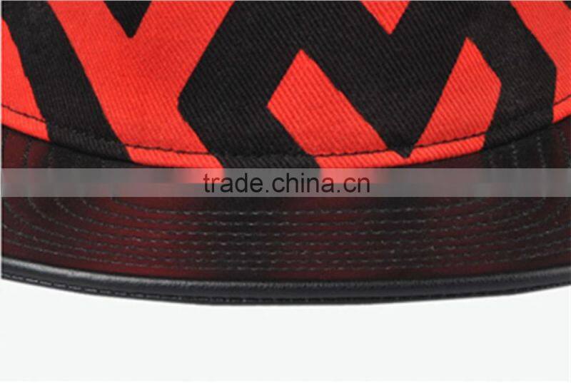 5panel 100% cotton striped leather brim snapback hats