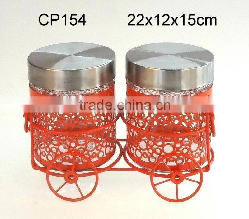 CP063T 8pcs glass storage jar set with metal casing and rack