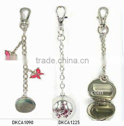 metal flower shaped key finder with matching lip gloss cosmetic container keychain, various compact case jewelry available