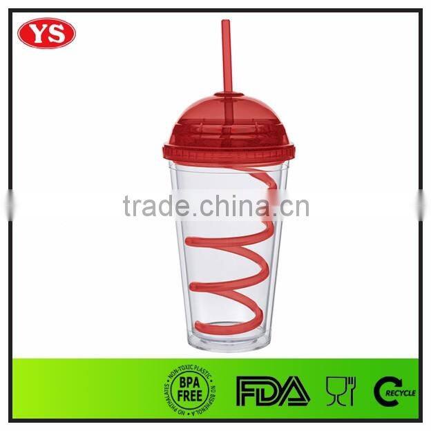 16oz insulated dome lid plastic tumbler cup with curly straw