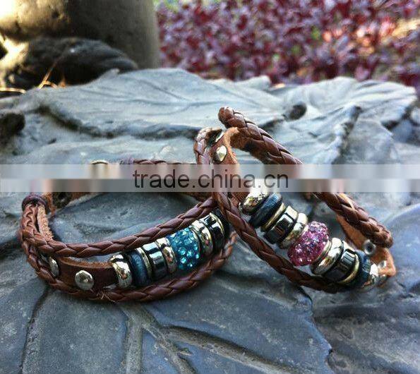 China style maked leather beaded bracelets with crystal bead
