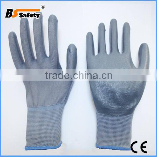 Bssafety china factory price cheap nylon grey nitrile coated glove