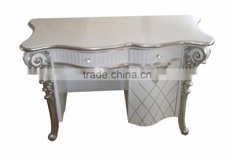 White Glossy Vanity Dressing Table with Silver Foil, Mini Bedroom Wood Carved Tidy Line Designed Dresser Table