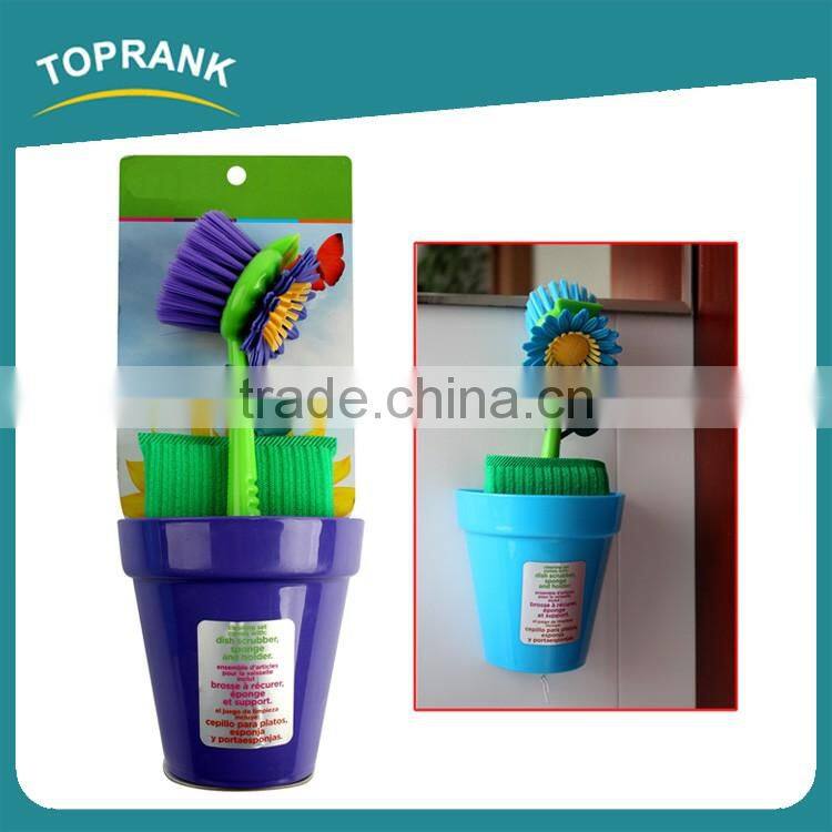 Toprank New Design Kitchen Super Cleaning Ability Flower Shaped Cleaning Brush Set Sponge Dish Scrubber Brush With Sucker