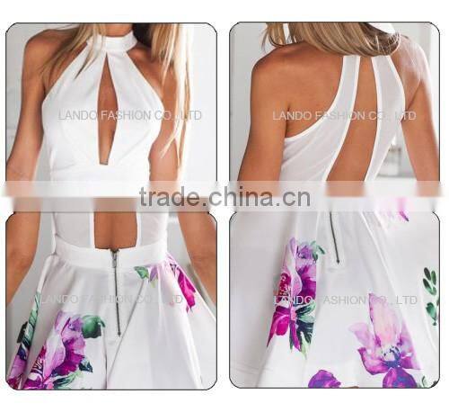 Summer halter one piece hollow out dress 2016 keyhole flower print A line simple casual dress