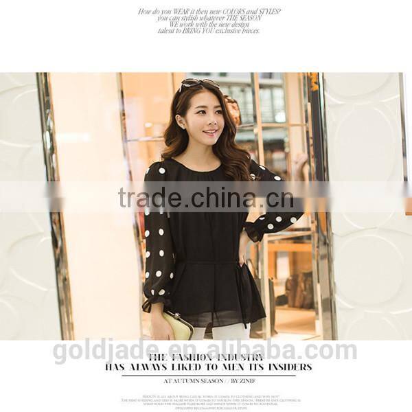 OEM lady sexy loose rose red and black chiffon dot round collar long petal sleeve blouse
