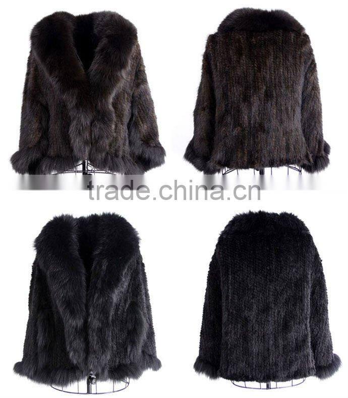 CX-B-M-41C Mink Fur Knitted Ladies Shawl With Fox Fur Trim