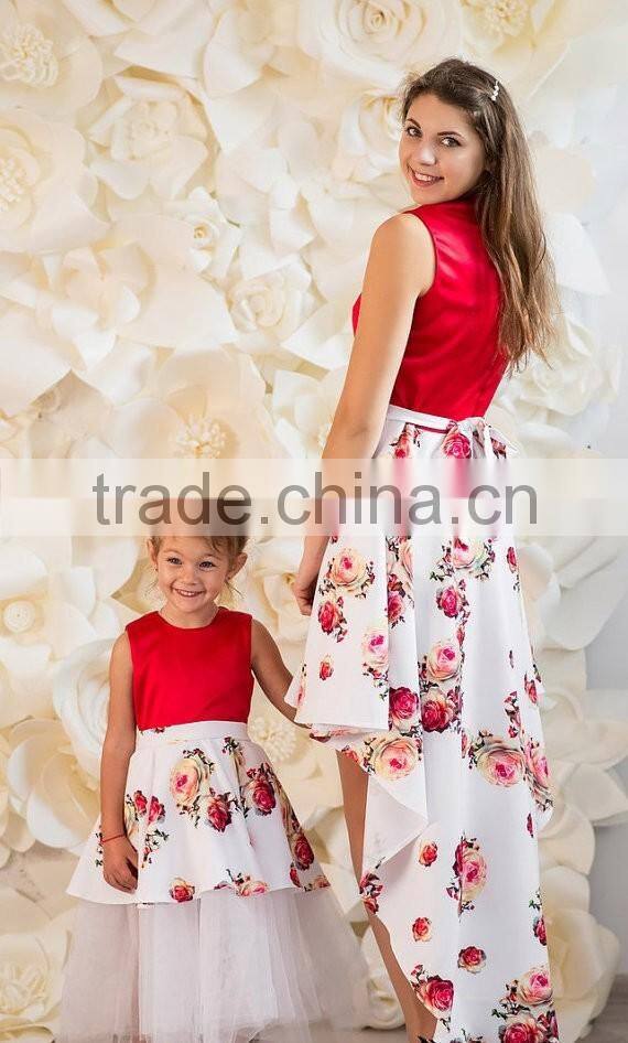 Red Floral Print Mother And Daughter Family Look Maxi Size Baby Tutu Dress Long Dress