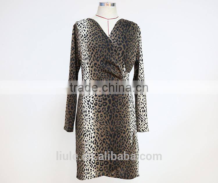 sexy deep v neck leopard printed irregular hem long sleeve dress short ladies night robe