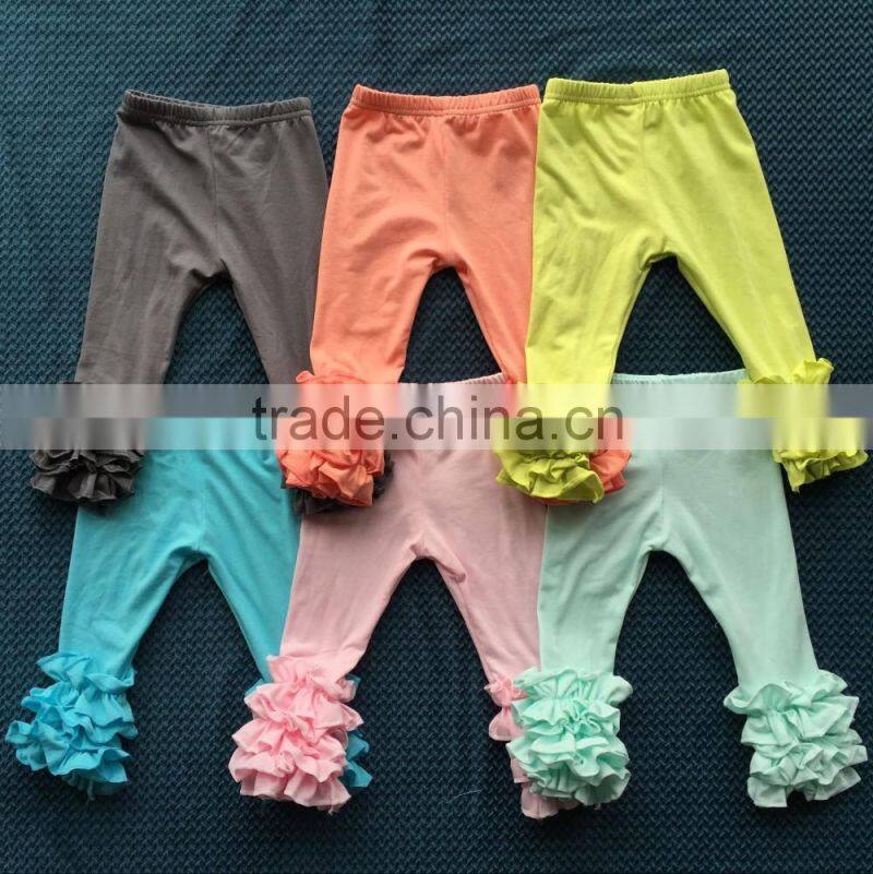 Wholesale cheap price children's boutique ruffled bottom pants kids capris light yellow triple ruffle baby girls pants XF-263
