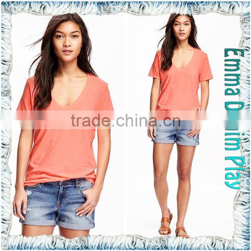 Latest Style Fashion Designs Color Dyed Sexy Girl's Soft Cotton Super Deep V Neck T-Shirts