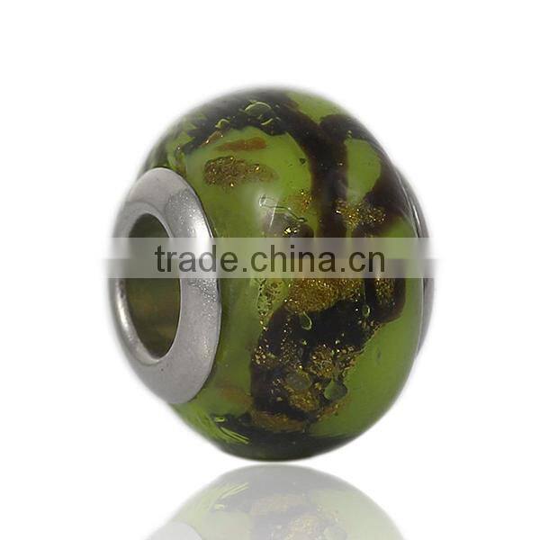 Lampwork Glass European Style Large Hole Beads Round Grass Green & Black Pattern With 304 Stainless Steel Silver Tone Core