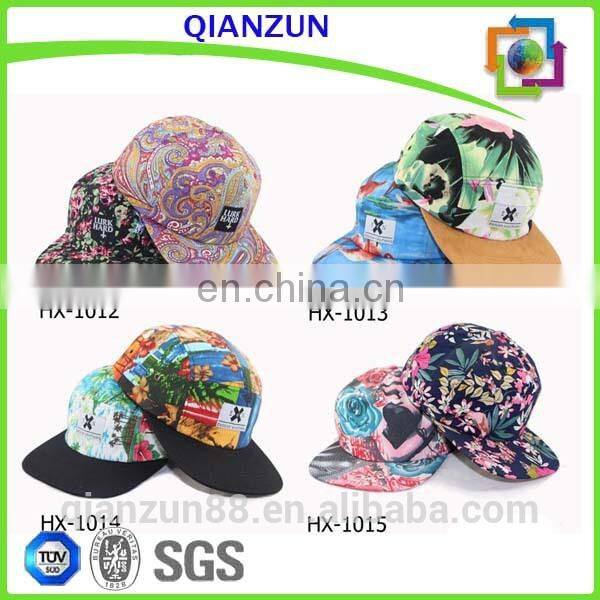 Leather Back Strap Print Pattern Hat Custom Logo 5 Panel Hat Wholesale