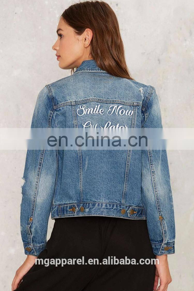 China custom jacket in new model distressed embroidered denim jacket women