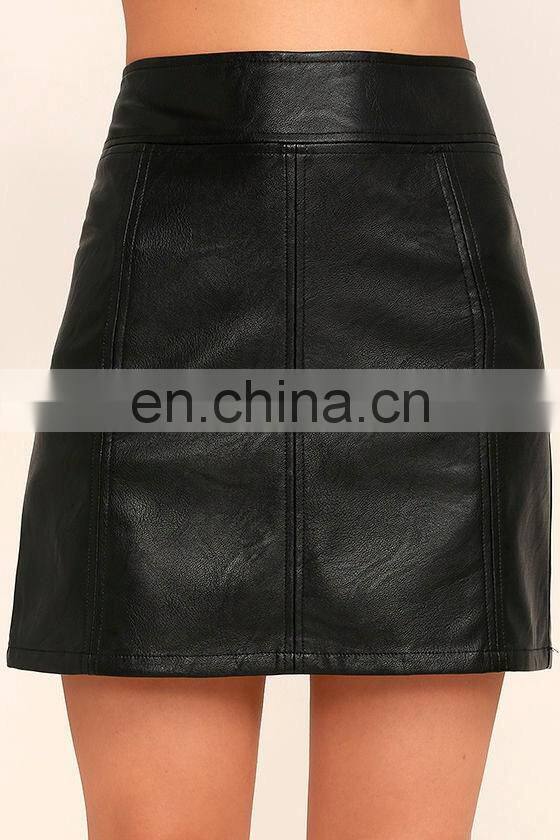 Women Clothing Supplier Black Synthetic Leather Pencil Skirt Classic Black Faux Leather Mini Skirt