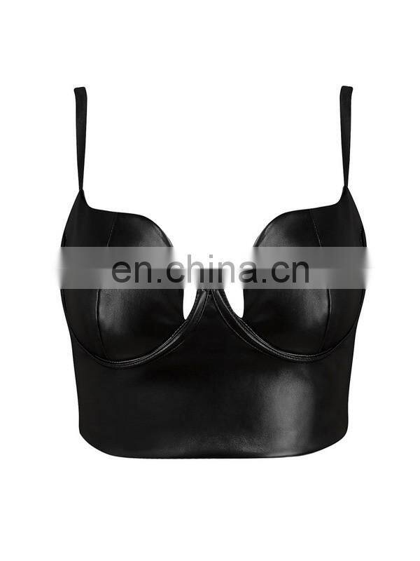 Amigo 2017 new design Black strap sexy leather crop top for big boobs women