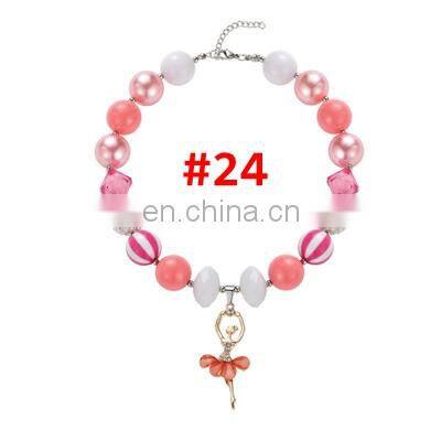 Valentine'sDay Baby Girl Necklace Kids Pink Chunky Bubblegum Beads Necklace Love Hear Pendants 35Styles
