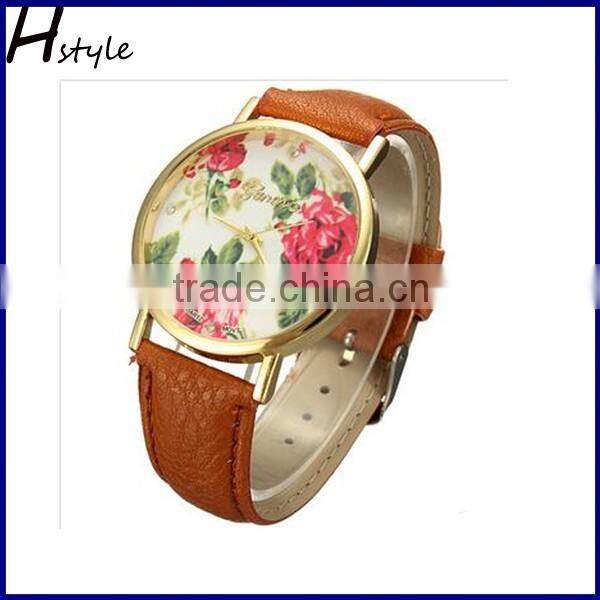 2016 High Quality Fashion Women Floral Quartz Watch Leather Wristwatch WP013